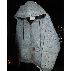 Sweats à capuche personnalisés avec strass sur toute la surface, effet délavé, fermeture éclair, OEM, sweats à capuche en coton 100% effet usé, streetwear, sweats à capuche surdimensionnés avec cristaux - Product Image 3