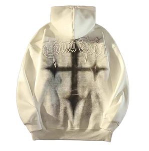 Sudadera con capucha color crema de 400 GSM de gramaje pesado – Gráfico de cruz gótica en la espalda – Sudadera oversize estilo streetwear con tipografía estética Y2K y cuello redondo - Product Image 1