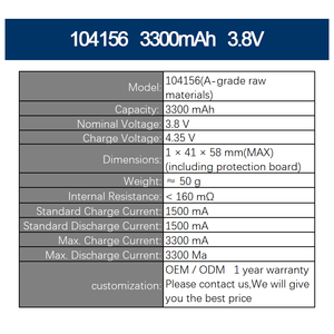 104156 3300mAh 3.8V(A-grade raw materials)High Voltage 3.85v Lithium Polymer Pouch <b>Battery</b> Thin High Performance Wholesale - Product Image 2