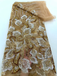 Tissu en dentelle tissée classique vert forêt mélangé argenté, lourdement perlé, motif floral, pour robe de mariée, robe de soirée XL7829 - Product Image 6