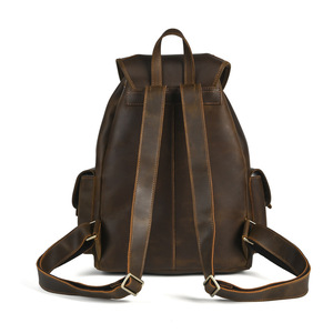 Crazy Horse Leather Retro <b>Backpack</b> Dark Brown <b>20L</b> Multi Function Leisure Travel Unisex Shoulder Strap Solid Color - Product Image 3