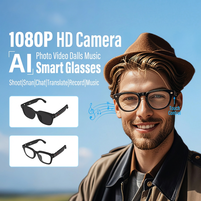 V03 AI Smart Glasses Anti-blue Light Anti-UV Built Memory Storage Wearable Dual Microphone ANC/ENC Noise Reduction Phone Call
