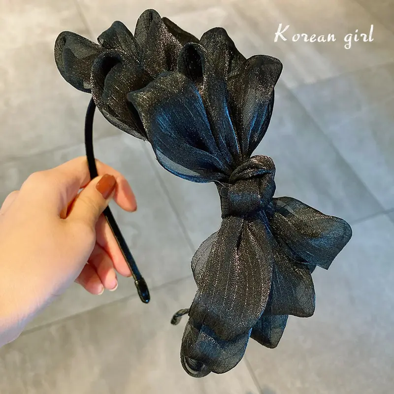 Domoho Vrouwelijke Koreaanse Oversized Strik Haarband Zwart Kant Haaraccessoires Net Rode Haarspeld Zirkoon Tiara Hoofddeksels Eenvoudige Haarbundel