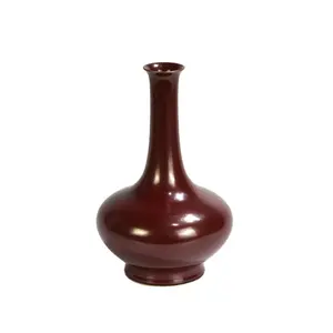 RYPM36 Jingdezhen Einfarbig Rot Glasiert schmaler langer Hals elegante Keramik Blumenvase für Wohnkultur