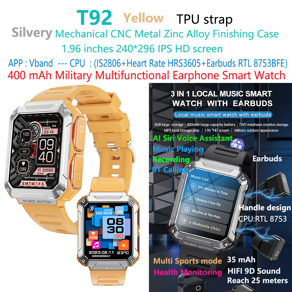 Reloj inteligente con auriculares T93-tws amarillos
