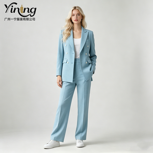 <span class=keywords><strong>Blazer</strong></span> da Ufficio OEM ODM Personalizzato per <span class=keywords><strong>Donna</strong></span>, Azzurro, Doppiopetto, Collo a Risvolto, Maniche Lunghe, Cotone Elasticizzato, Vita Alta, Pantaloni a Gamba Larga - Product Image 1