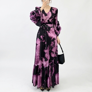 Nouvelle Robe Décontractée Femme 2026 Coupe Ample Ceinturée Imprimé Floral Manches Plissées à Volants Grande Taille Style Miyake - Product Image 1