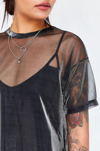 Moda <span class=keywords><strong>mujer</strong></span> sexy de cuello redondo de malla de perspectiva Top corto negro malla cultivo <span class=keywords><strong>camisa</strong></span> con manga corta - Product Image 2