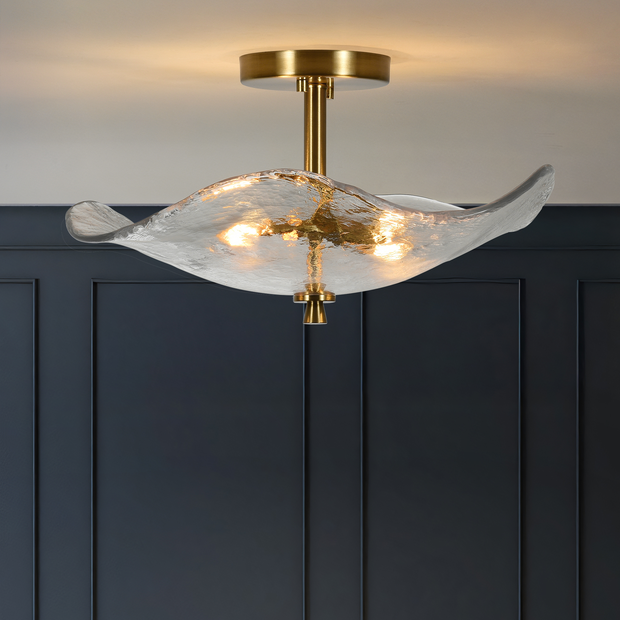 Ship in USA,16.5" Glass Semi Flush Mount Ceiling Light Fixture,2-Lights Close to Ceiling Light,Modern Gold Ceiling Light Fixture