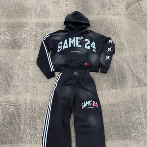 Ensemble de survêtement pour homme en molleton de coton épais, style streetwear Y2K grunge, imprimé vieilli, à rayures sur trois côtés, vente en gros personnalisée - Product Image 2