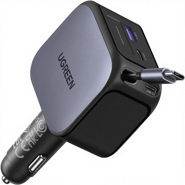 UGREEN 145W Retractable USB C Car Charger 3 in 1 Fast Charging 3C 1A Type C Cigarette Lighter Adapter Car Charger for iPhone