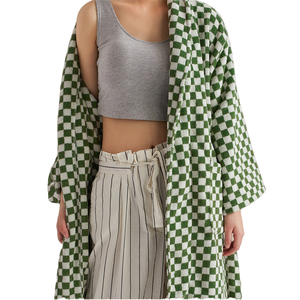 Peignoir en coton vert rétro pour homme et femme, peignoir de luxe en coton peigné à poils longs, tissé thermique, longueur genoux, pour adultes, pour la saison de printemps - Product Image 3