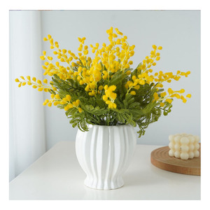 K162 Yboland tallo corto Acacia <span class=keywords><strong>flores</strong></span> artificiales amarillo <span class=keywords><strong>Mimosa</strong></span> Spray cereza fruta rama boda hogar Mesa decoración flor - Product Image 1