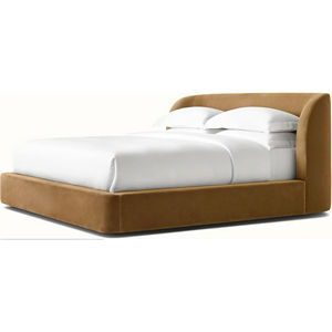 Современная бархатная мягкая кровать, роскошная коричневая тканевая кровать на платформе с изогнутым изголовьем, удобная для спальни мебель - Product Image 1