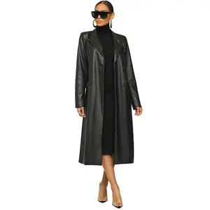 2022 INS new arrival fashion single-breasted casual loose PU coat temperament solid color lapel ladies maxi windbreaker coat