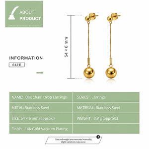 Boucles d'oreilles pendantes à chaîne à billes en acier inoxydable plaqué or 14 carats sous vide, longues boucles d'oreilles pendantes à sphères polies - Product Image 2