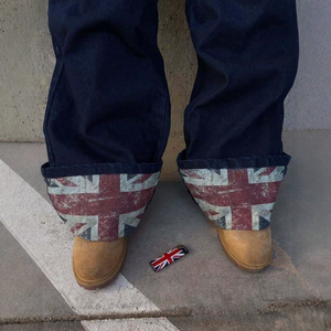Jean en denim bleu foncé ample et décontracté pour homme, coupe large, avec revers retroussés et imprimé drapeau britannique vieilli, style hip-hop urbain - Product Image 5
