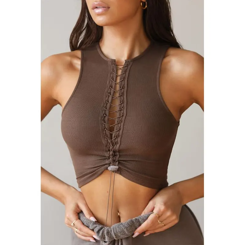 LACE UP CROP TANK HIGH NECK CROP TANK WITH LACE UP FRONT & ADJUSTABLE DRAWSTRING BROWN RIBBED FITTED CROP TOP FOR WOMEN