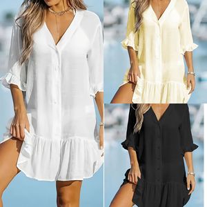 Vestido de <span class=keywords><strong>Verano</strong></span> 2026, Nuevo Modelo, Color Sólido, Cuello en V, con Volantes, Casual, para Playa, Vacaciones, Fiesta, Elegante - Product Image 4