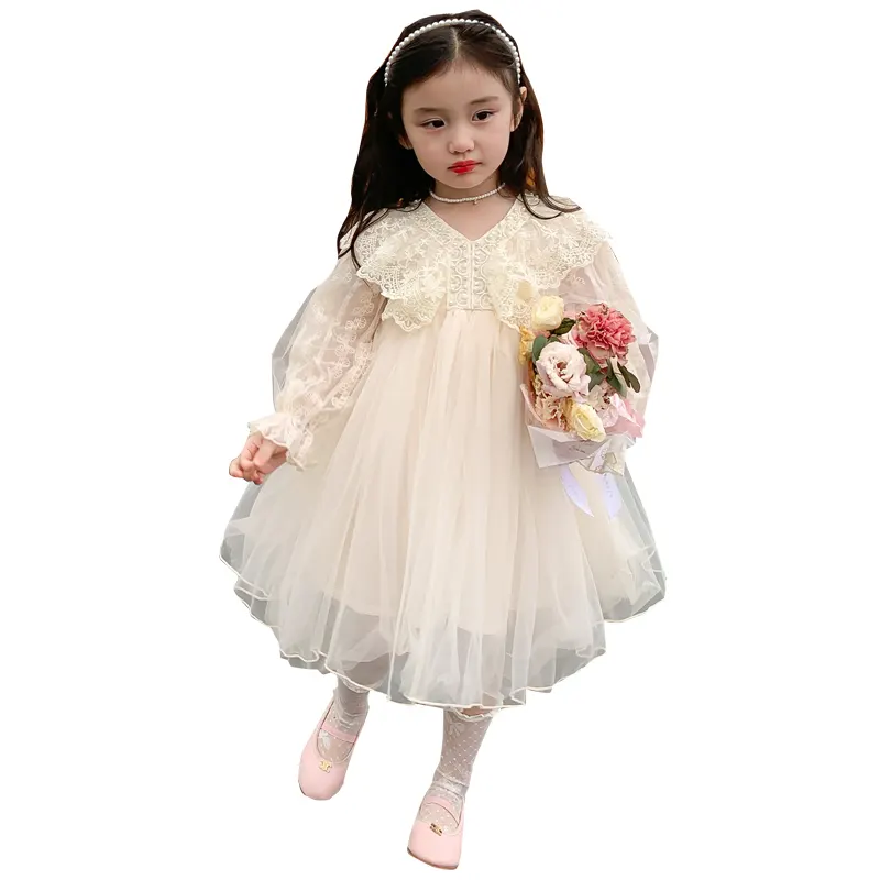 2024 printemps bébé filles blanc princesse robes nouvelle fille perles à manches longues princesse robe Style coréen enfants automne dentelle robe