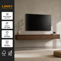 Console TV murale flottante minimaliste en placage de noyer foncé avec tiroirs à tirage en J et support dissimulé OEM