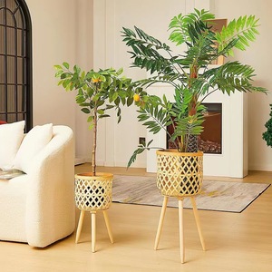 Nordic Style Flower Stand Rattan Woven <b>Basket</b> With Wooden Legs For Living Room Plant Decoration - Product Image 1