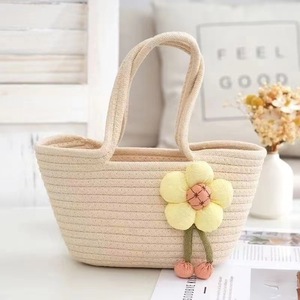 Cotton Thread Woven Tote Bag With Flower Decor Gift Basket Storage Basket Eco Friendly Handbag For Party Gifts - Product Image 2