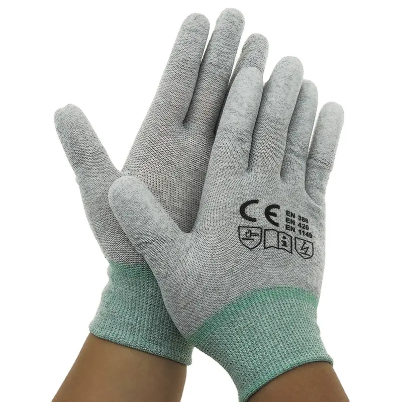 Nylon White ESD pu top carbon fiber glove Anti static working Safety ESD Gloves For Cleanroom