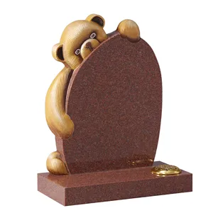 Hand Carved Red Granite Kid's Cemetery Memorials Single Headstone With Bear Design