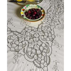 Linen <b>Tablecloth</b> with Grey Vine Leaf Embroidery 160x206 Dimensions Hand <b>Embroidered</b> - Product Image 1