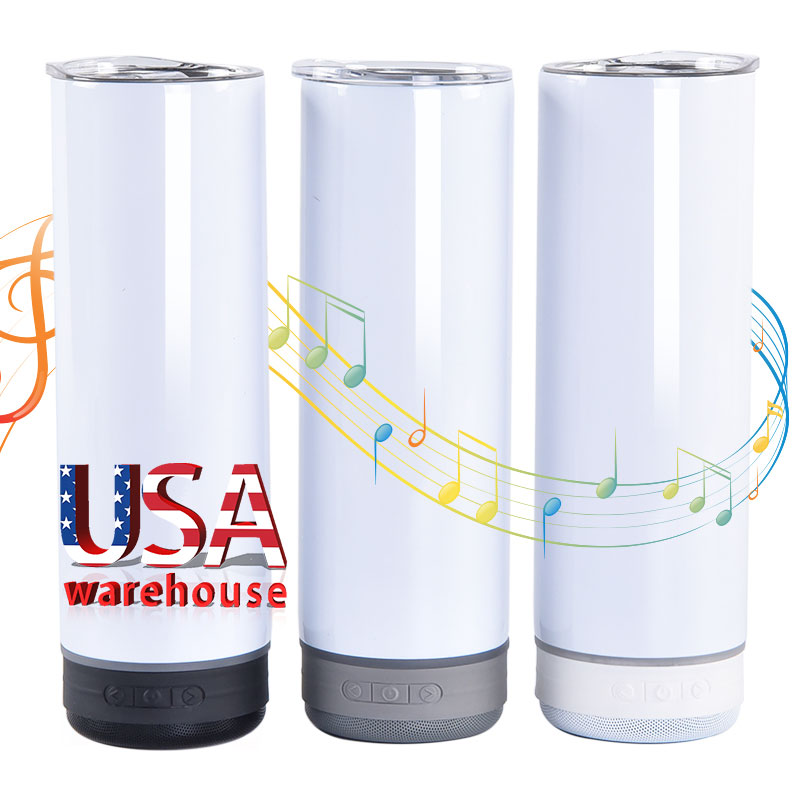 US Warehouse 20 oz 20 oz Skinny Straight Double Wall USB Music Cup Vaso de sublimación en blanco con altavoz inalámbrico desmontable