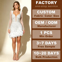 Robe mini décontractée d'été à manches longues, coupe ajustée trapèze, en tissu uni, taille naturelle, col en V, avec décoration en perles, maille et strass