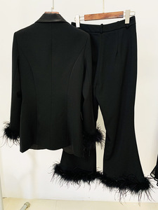 ชุดสูทและกางเกงขายาวสำหรับผู้หญิงชุดสูท2ชิ้นขนนกแขนยาวรัดรูปสีพื้นสำหรับฤดูหนาว - Product Image 2