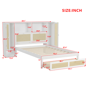 Twin Size Wooden <b>Bed</b> with Two Storage Lockers Drawer Storage Shelf on Headboard Multifunctional Platform <b>Bed</b> with Natural Rattan - Product Image 6