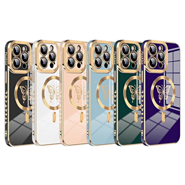 Bling Plating Draadloze Oplaadcase Voor Iphone 15 Plus 14 13 11 12 Pro Max Magnetische Vlinder Telefoonhoes