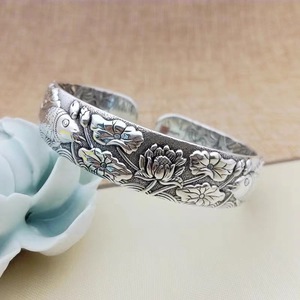 Brazalete Abierto de Plata Tailandesa Vintage con Namo Amitabha, <span class=keywords><strong>Sutra</strong></span> <span class=keywords><strong>del</strong></span> Corazón, Pixiu y <span class=keywords><strong>Loto</strong></span>, para la Suerte China y la Salud, para Hombres y Mujeres - Product Image 6