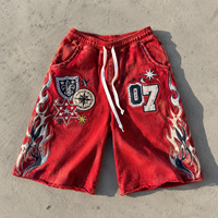 Shorts longs 3/4 en coton épais pour homme, personnalisés, brodés, patchwork, vintage, lavés, longueur genou, baggy, style Bermuda, en molleton