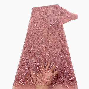 Ni. Ai sang trọng màu đỏ đính cườm ren lưới hoa cô dâu lưới thêu Sequins ren vải với ngọc trai cho vật liệu váy cưới - Product Image 4