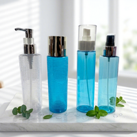 Flacon de lotion PET transparent brillant à nervures horizontales, personnalisable, avec pompe, pulvérisateur et compte-gouttes, ensemble de bouchons, logo personnalisé, plusieurs tailles