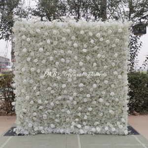 DKB HQ252 Customizable Event Decoration High Quality Babybreath White Rose Flower Wall <b>Roll</b>-Up Green Silk Cloth for Weddings - Product Image 1