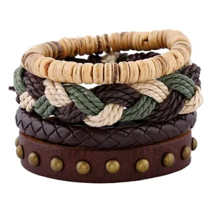 Vintage Punk Kokosnoot Kralen Handgemaakte Gevlochten Henneptouw Mannelijke Verstelbare Wrap Echt Lederen Armband Set Voor Mannen