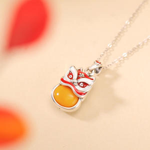 <span class=keywords><strong>Yuebao</strong></span> Jewelry S999 Colgante de ámbar de plata-Diseño de danza del león retro de estilo nacional, encanto de León Del Sur esmaltado - Product Image 5