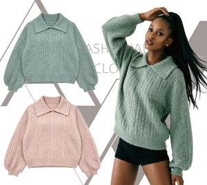 Custom Minimalist Chunky Top Cable Knit V <strong>Neck</strong> Long Sleeve Winter Warm <strong>Polo</strong> Sweater <strong>Jumper</strong> - Product Image 2