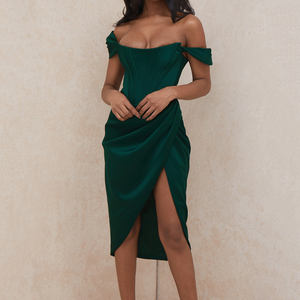 Ropa de mujer, moda personalizada, vestidos pequeños de cóctel, <span class=keywords><strong>vestido</strong></span> Midi fruncido <span class=keywords><strong>verde</strong></span> <span class=keywords><strong>esmeralda</strong></span>, servicio OEM, fiesta tejida para adultos - Product Image 1