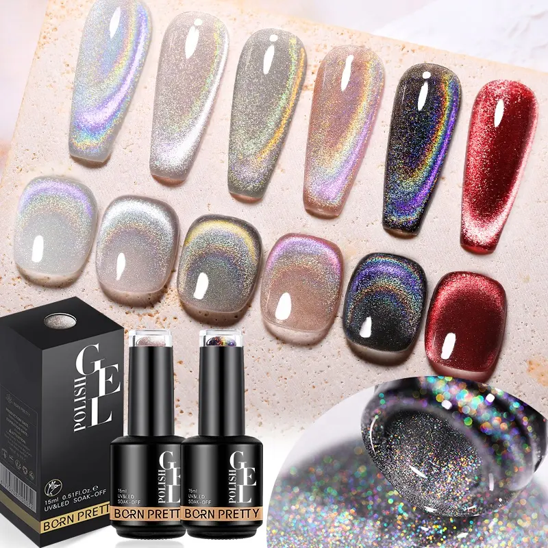 BORN PRETTY – vernis Gel magnétique arc-en-ciel pour chat, 15ml, Laser holographique, yeux de chat noirs, Gel UV à tremper