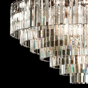 Lustre Moderne Art Déco Style Glamour Finition Dorée à Plusieurs Niveaux Prismes Rectangulaires en Cristal Grand Lustre Rond Odeon - Product Image 6