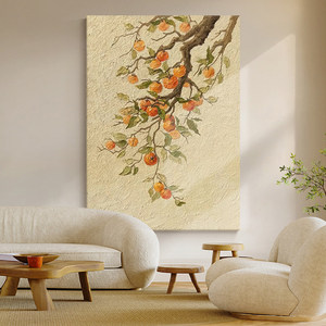 Pintura al Óleo Hecha a Mano, Árbol de Caqui, Marco Beige Rectangular, Decoración de Pared de Estilo Chino, Sala de Estar, Entrada, Salón, Año Nuevo Chino - Product Image 3