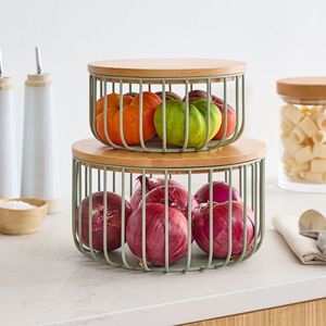 Panier à fruits pour comptoir de cuisine, lot de 2 grands paniers empilables avec couvercle en bambou - Product Image 1