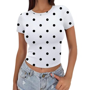 Camiseta corta transpirable de mujer con estampado de lunares, camiseta de punto de manga corta, elástica, transpirable, informal, top de verano, camisetas con lunares - Product Image 6