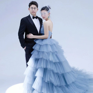 Blue Tiered Tulle Ball Gown Wedding Dress Strapless Natural Waistline Studio Photography Outfit - Product Image 1